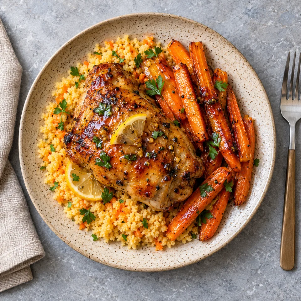Assiette de poulet miel-citron rôti, carottes en bâtonnets et semoule de couscous orange.