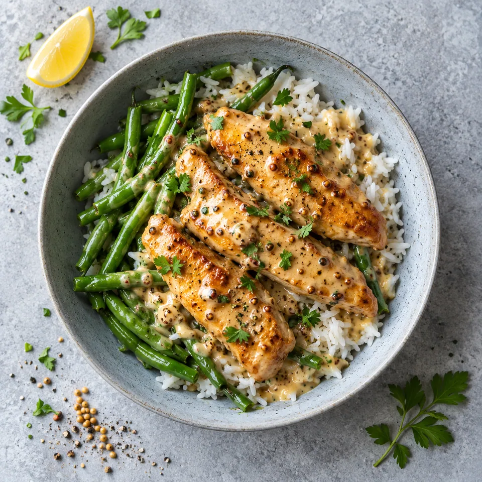 Assiette creuse bleu-gris : riz, haricots verts et poulet nappé de sauce miel-moutarde brillante.