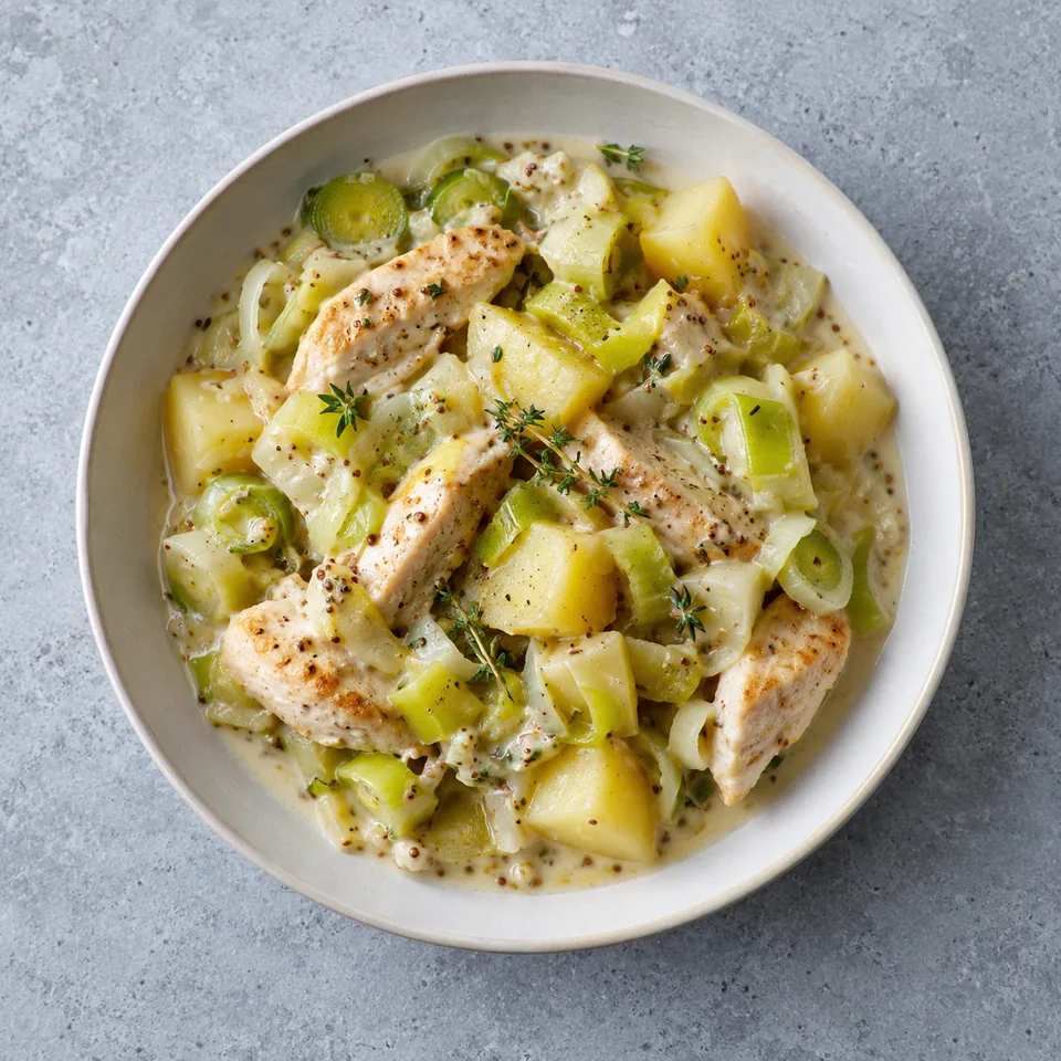 Poulet mijoté aux poireaux et pommes de terre, servi en portion individuelle avec sauce crémeuse et dés de pommes de terre.