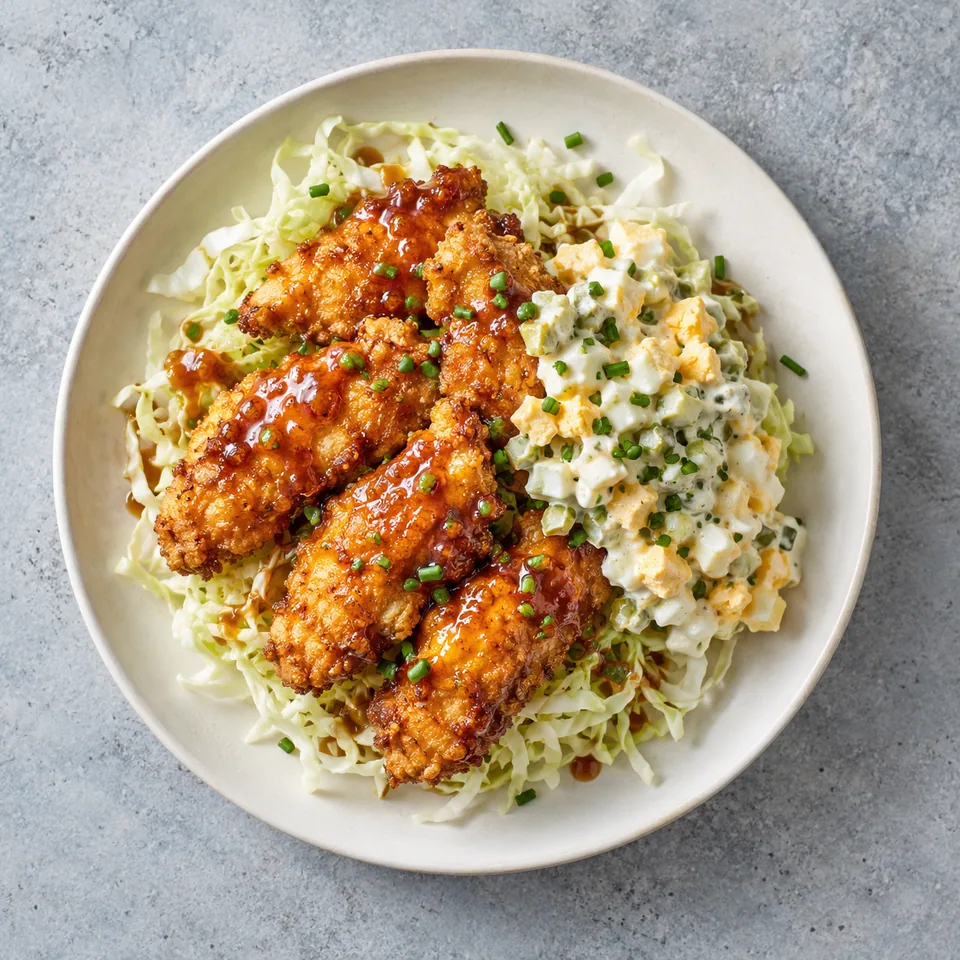 Poulet nanban croustillant sauce brillante sur chou blanc, accompagné d'un mélange crémeux d'œufs durs et cornichons verts sur assiette blanche.