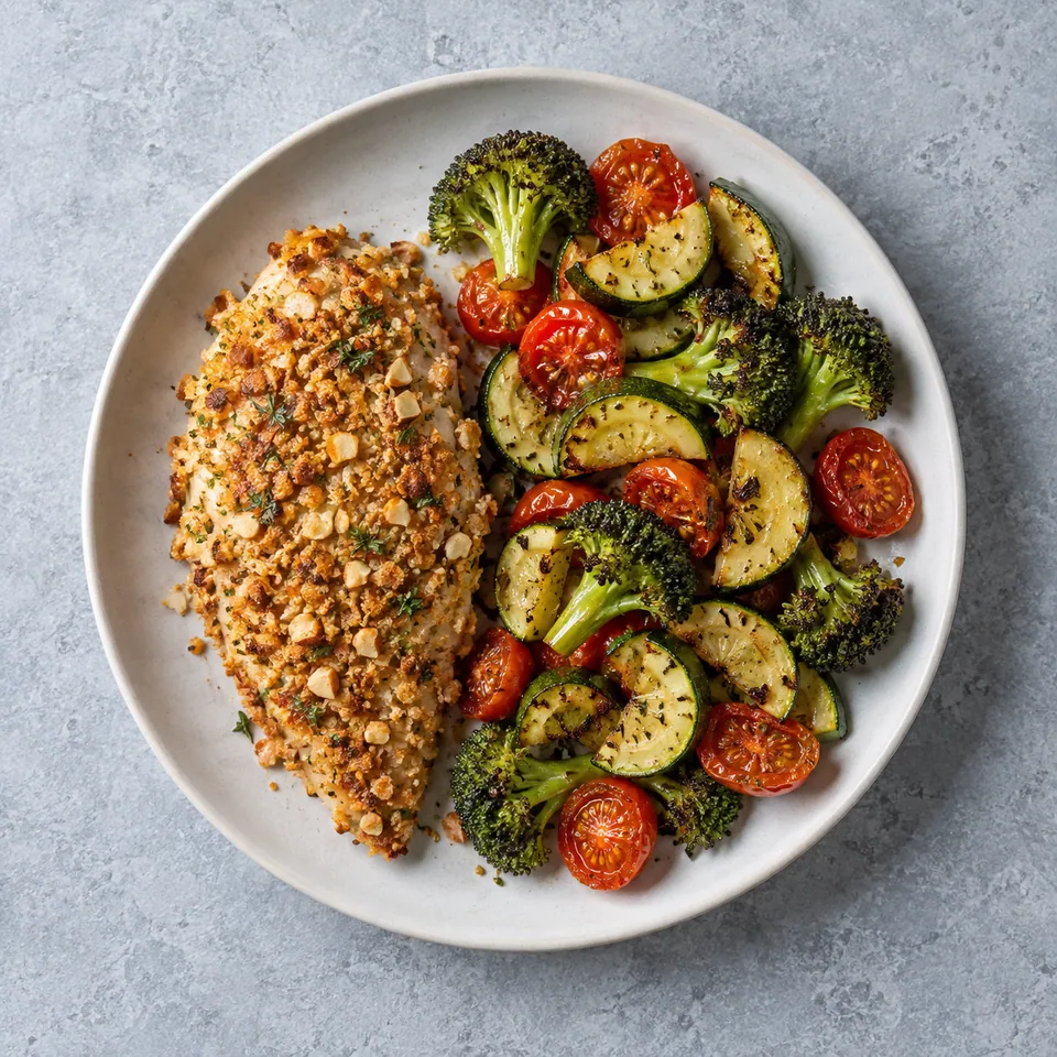 Poulet pané aux amandes et légumes rôtis : un filet doré, courgettes en demi-rondelles, demi-tomates rouges et brocoli vert.