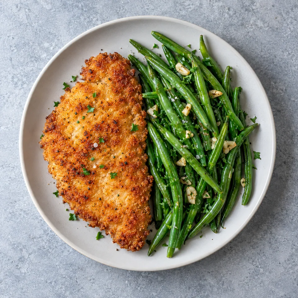 Poulet pané doré accompagné de haricots verts entiers, parsemés d’ail et de persil.