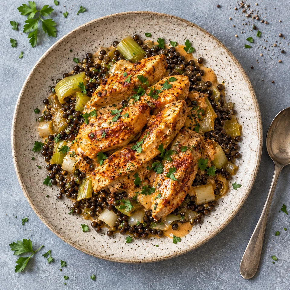 Assiette de poulet paprika aux lentilles beluga et poireaux, sauce brillante et persil frais.