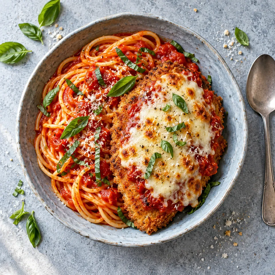 Bol de spaghettis à la tomate et basilic accompagnés d'une escalope de poulet parmigiana panée et gratinée au fromage.