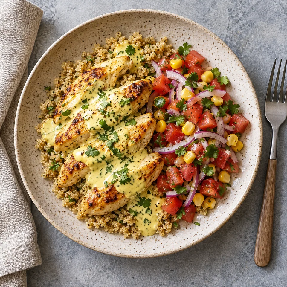 Assiette de poulet péruvien au quinoa, sauce crémeuse et salsa criolla colorée.