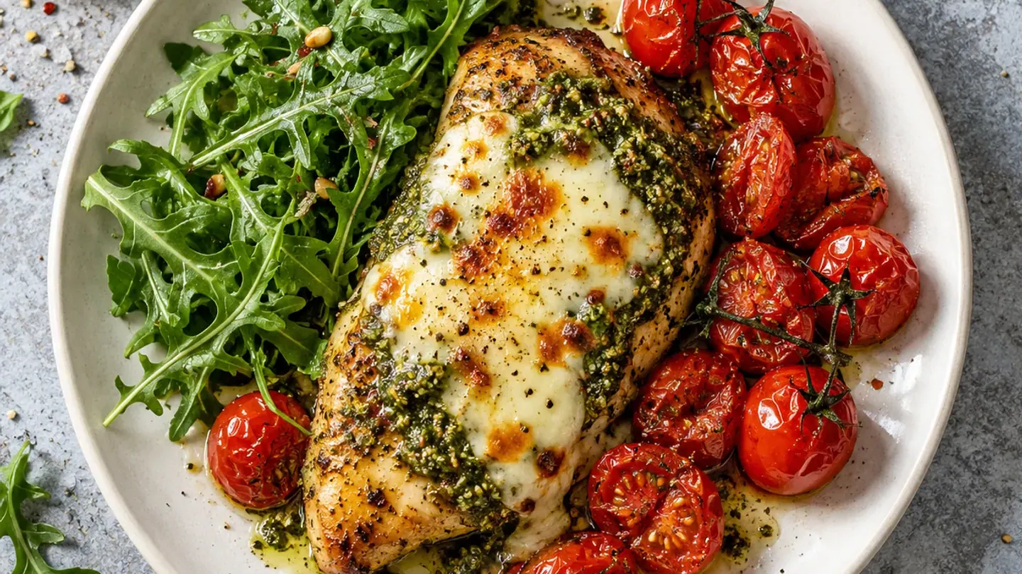 Poulet pesto-mozzarella à l’air fryer, tomates rôties