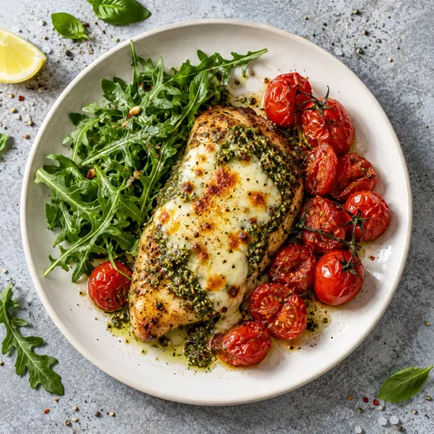 Poulet pesto-mozzarella à l’air fryer, tomates rôties
