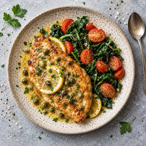 Poulet piccata au citron, épinards et tomates