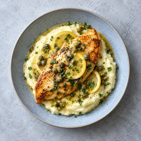 Poulet piccata au citron et câpres, purée maison