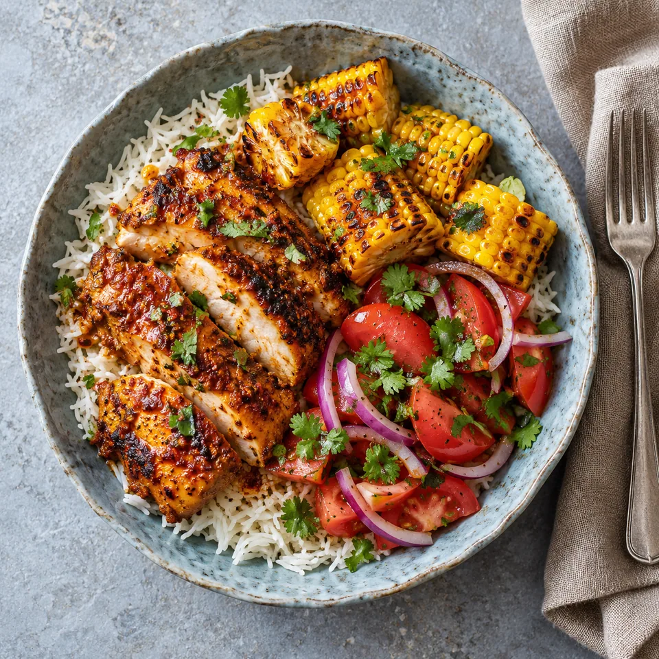 Poulet piri-piri, maïs grillé et riz : poulet rôti doré, maïs grillé et salade de tomates sur riz.
