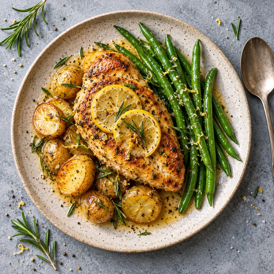 Assiette de poulet pressé au citron et romarin avec pommes de terre et haricots verts.