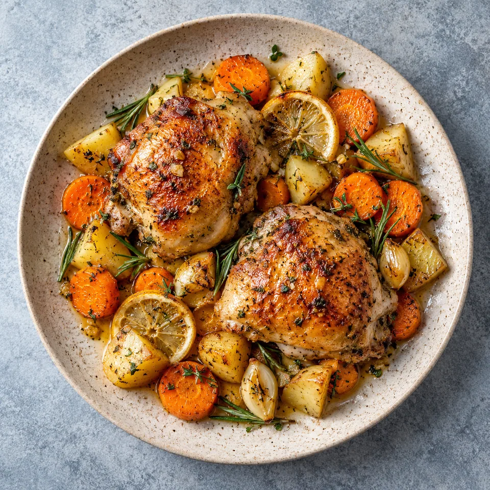 Assiette de poulet rôti au citron, carottes et pommes de terre, sauce brillante.
