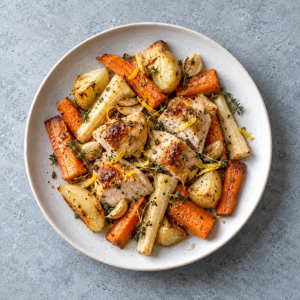 Poulet rôti au citron et légumes racines : morceaux de poulet entourés de légumes orange et dorés, parsemés de zestes et de thym.