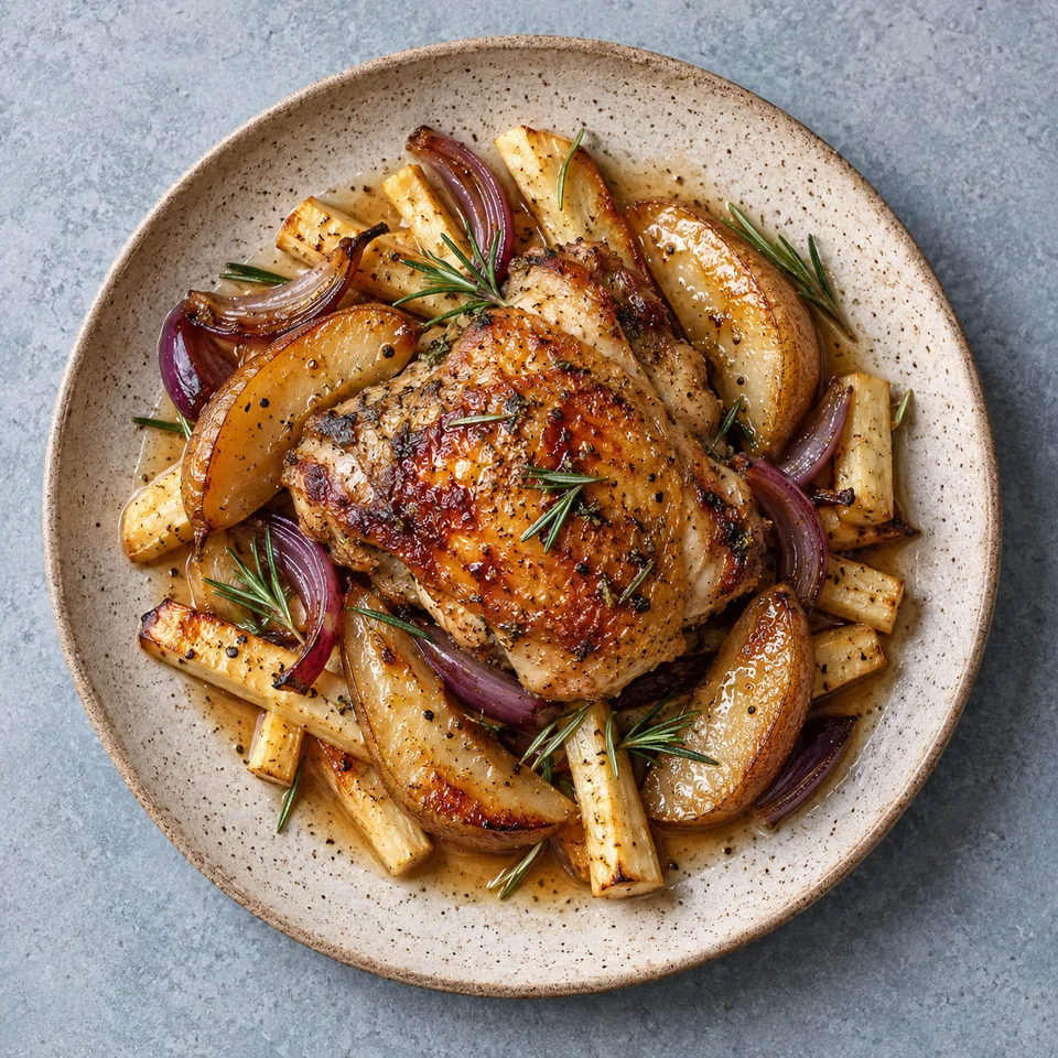 Assiette de poulet rôti aux poires et panais sur fond beige moucheté, sauce brillante et romarin.
