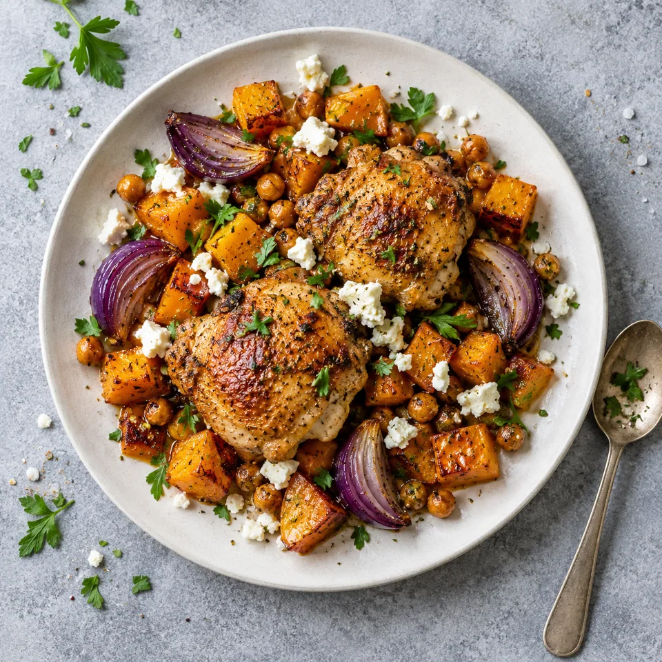 Assiette de poulet rôti doré avec butternut caramélisée, pois chiches croustillants, feta émiettée et persil frais.