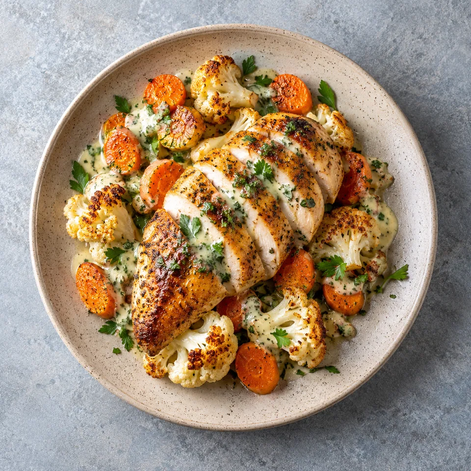 Assiette de poulet rôti, chou-fleur et carottes nappés de sauce aux herbes sur fond beige moucheté.