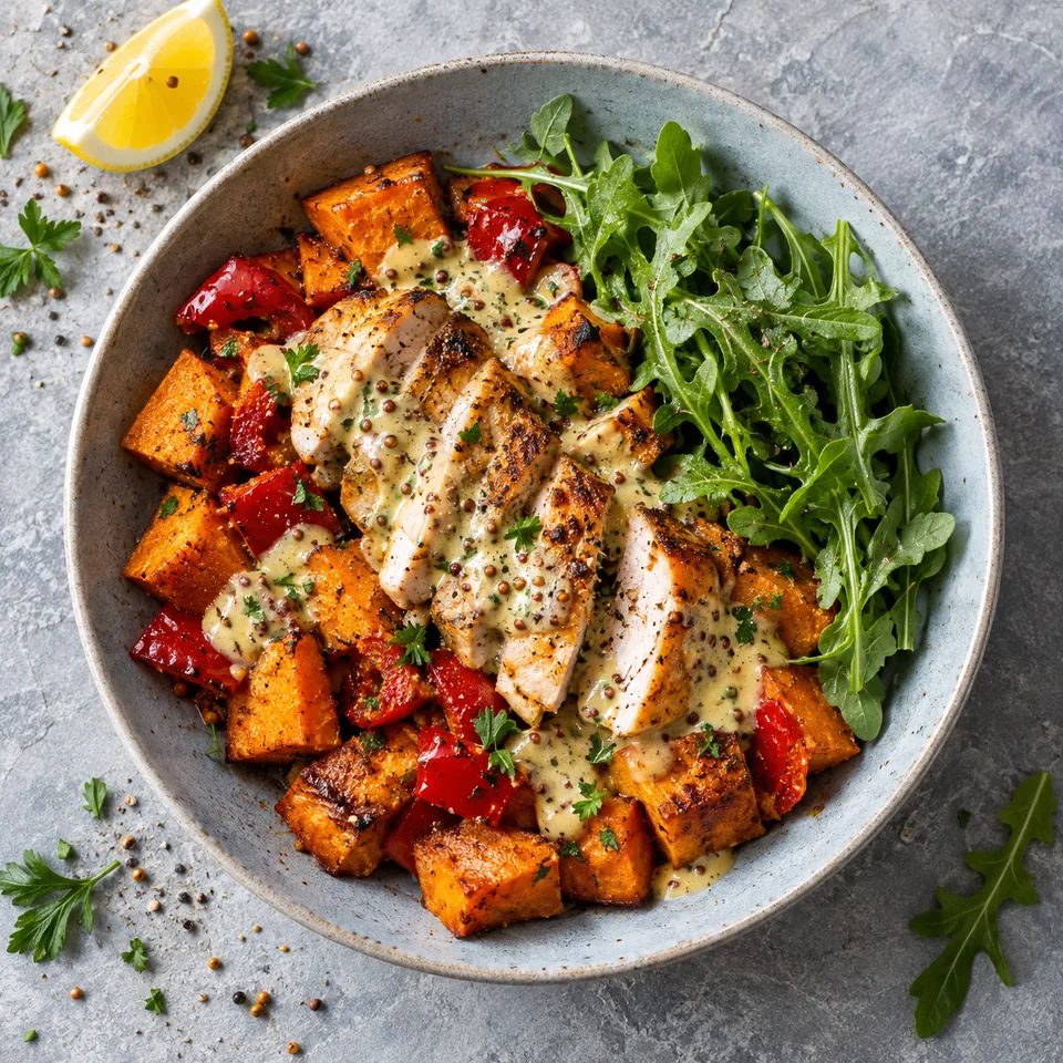 Assiette creuse bleu-gris : dés de patate douce et poivrons rôtis, poulet, sauce moutarde et roquette fraîche.