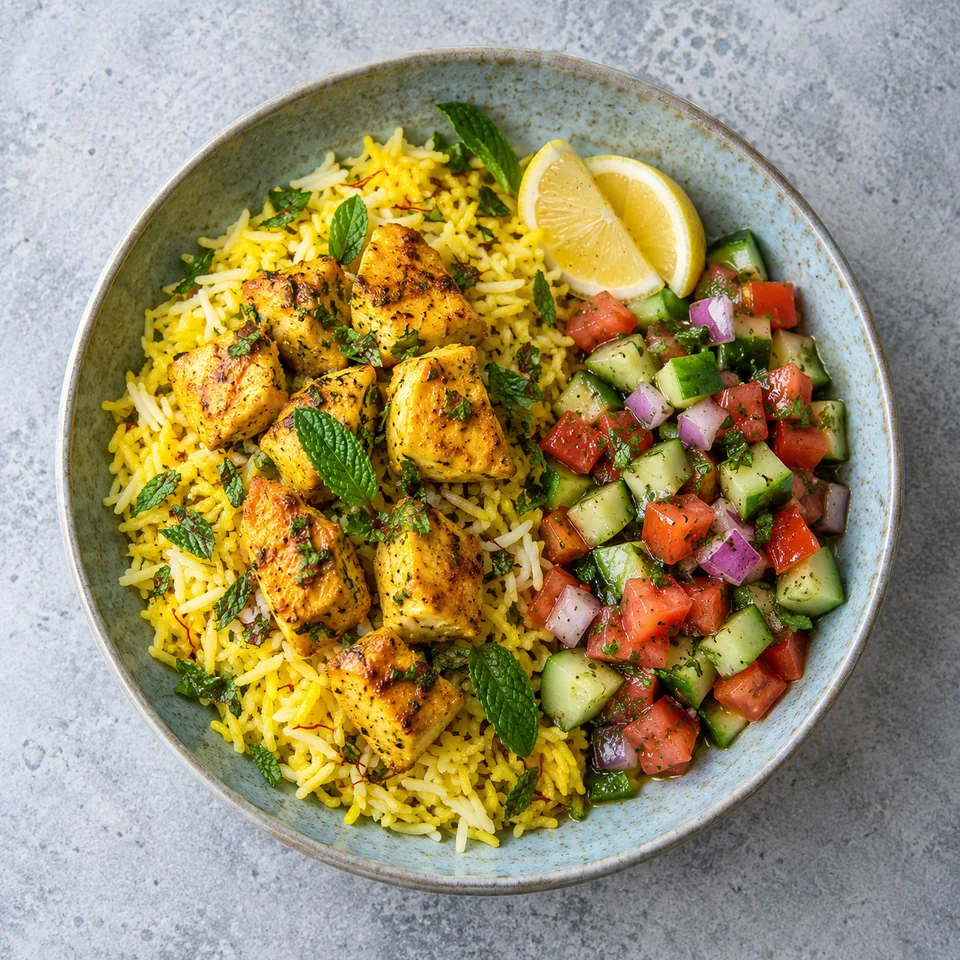 Poulet safran-citron à la persane et salade shirazi sur assiette bleue-gris, riz doré et légumes frais.