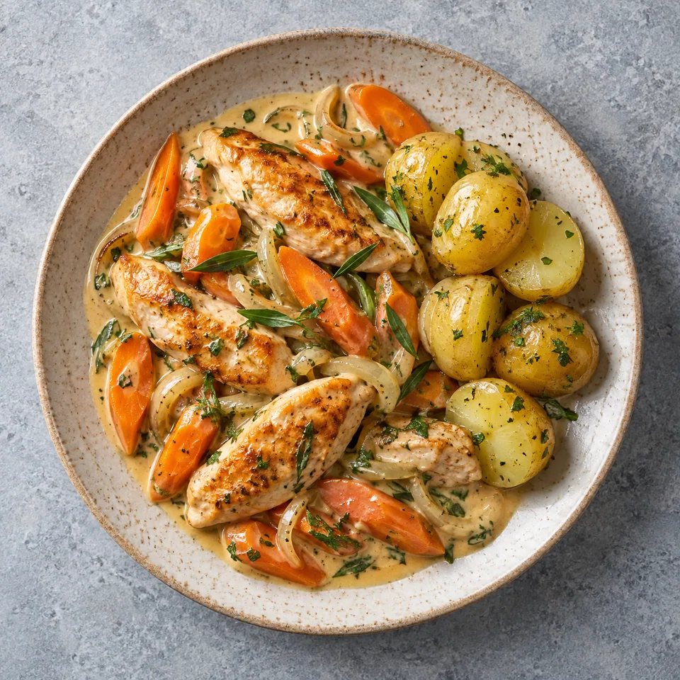 Assiette de poulet sauté à l'estragon et carottes nouvelles, sauce crémeuse et pommes de terre.