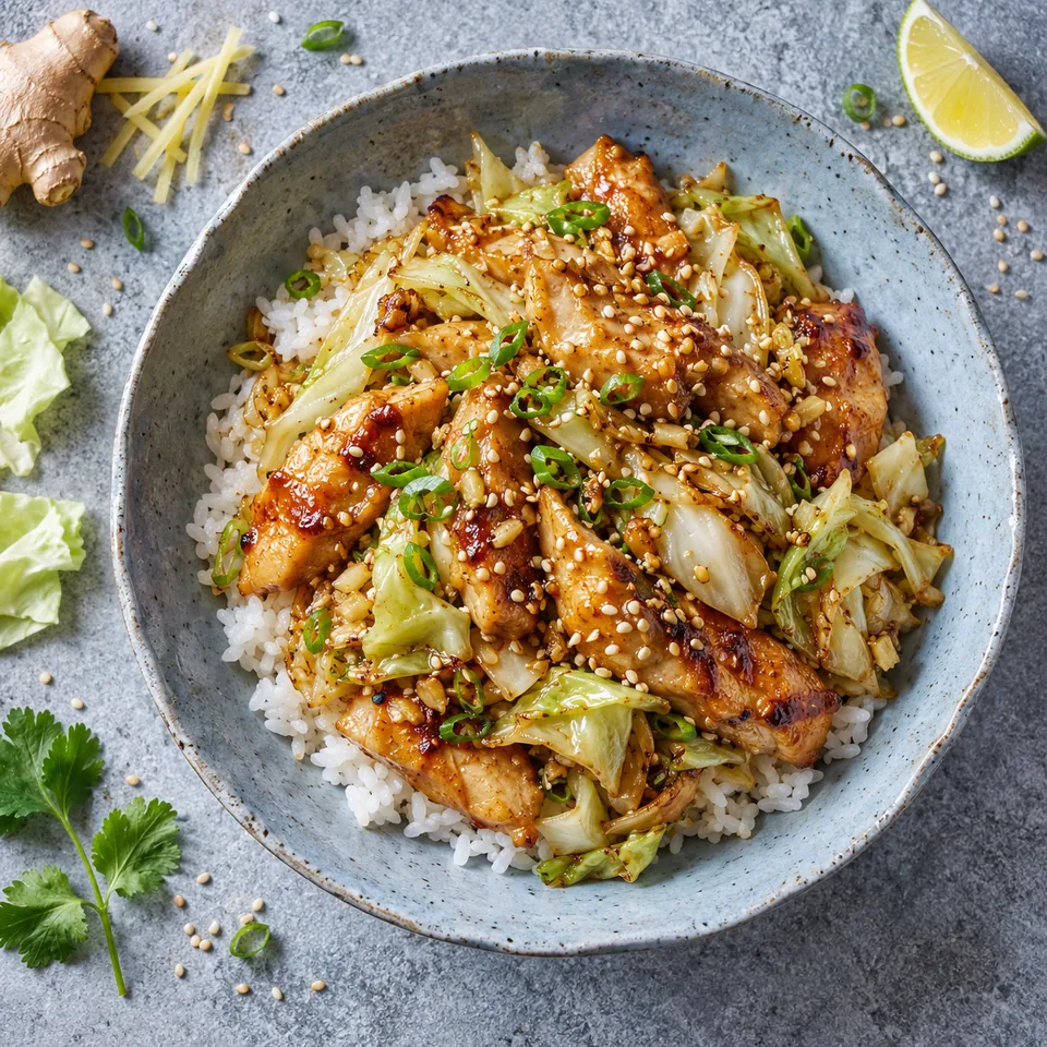 Poulet sauté au gingembre à la japonaise, chou et riz servi sur une assiette creuse en grès bleu-gris pâle, parsemé de graines de sésame.