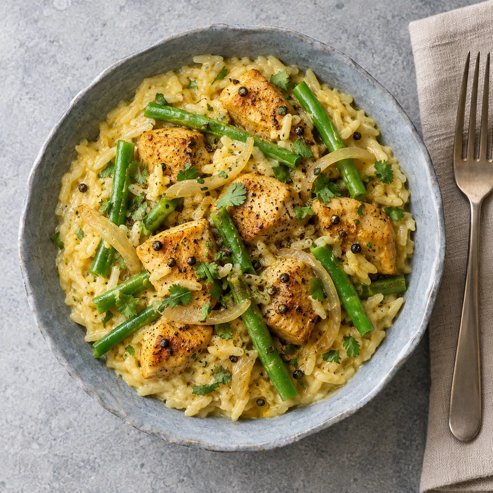 Bol de poulet sauté au poivre et riz à la keralaise avec haricots verts, sauce coco crémeuse et oignons.