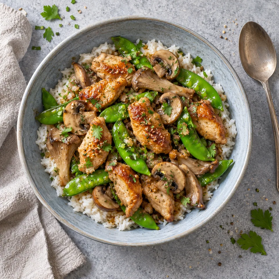 Assiette creuse bleu-gris : riz blanc, poulet sauté doré, champignons et pois gourmands verts, sauce brillante.