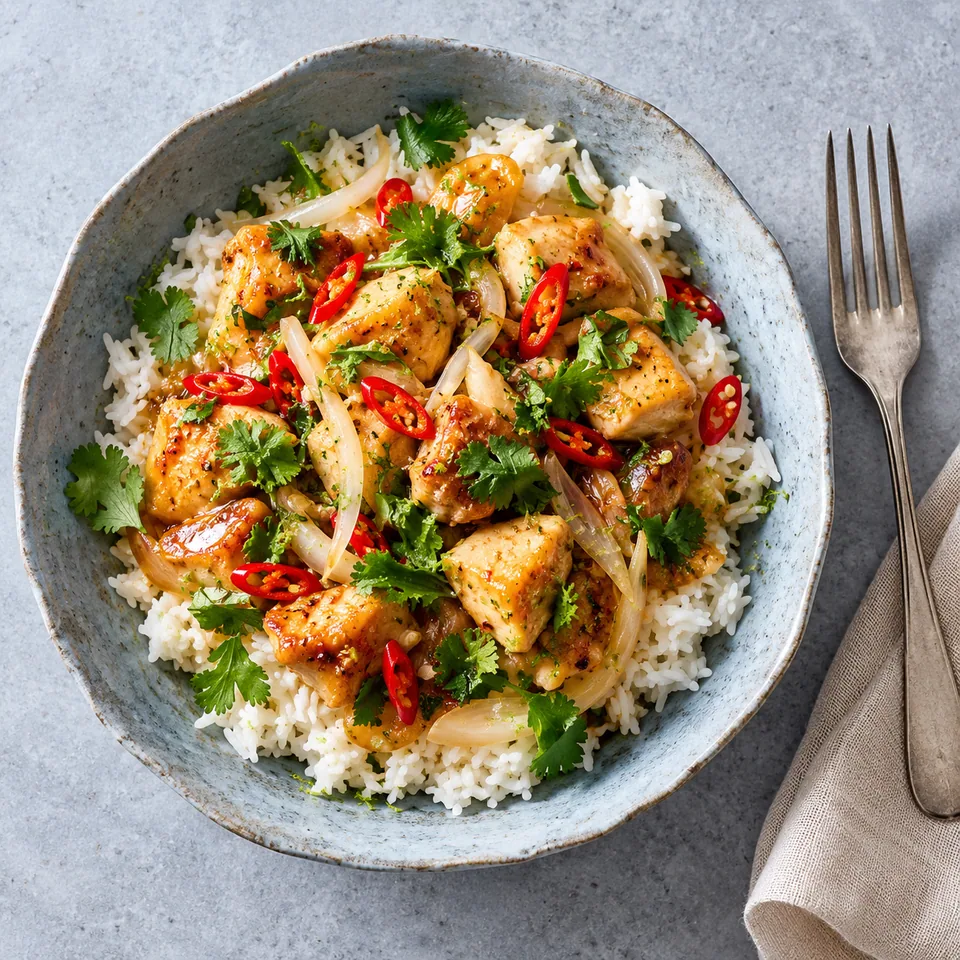 Bol de riz jasmin avec poulet sauté, oignons, piment rouge et coriandre fraîche.