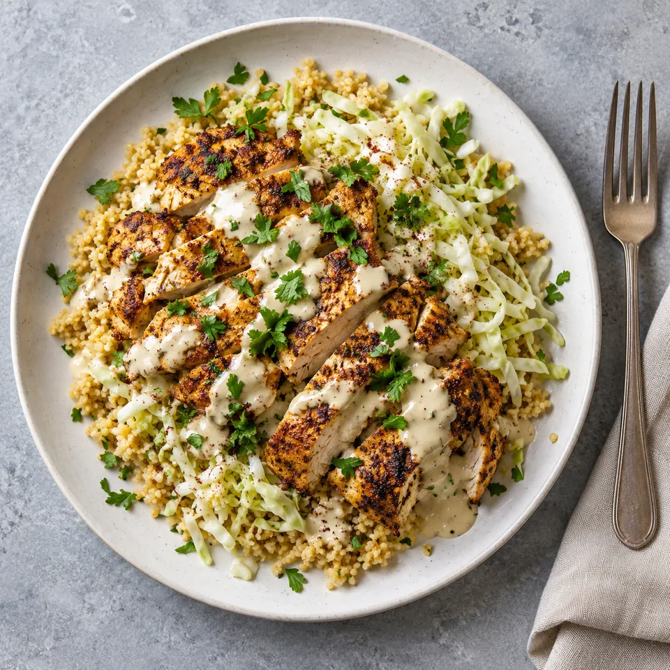 Assiette de poulet shawarma au four avec boulgour et sauce tahin-citron