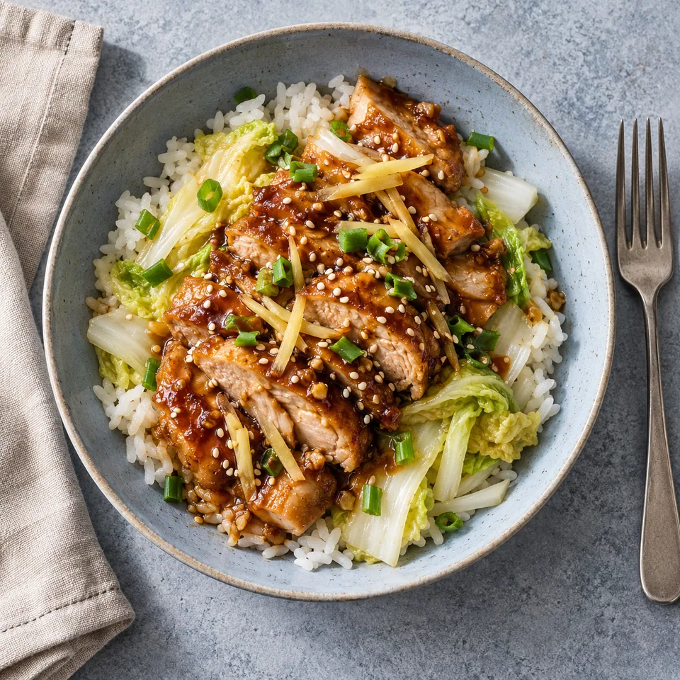 Assiette creuse bleu-gris : poulet taïwanais au gingembre et sésame, riz blanc et chou chinois, sauce brillante.