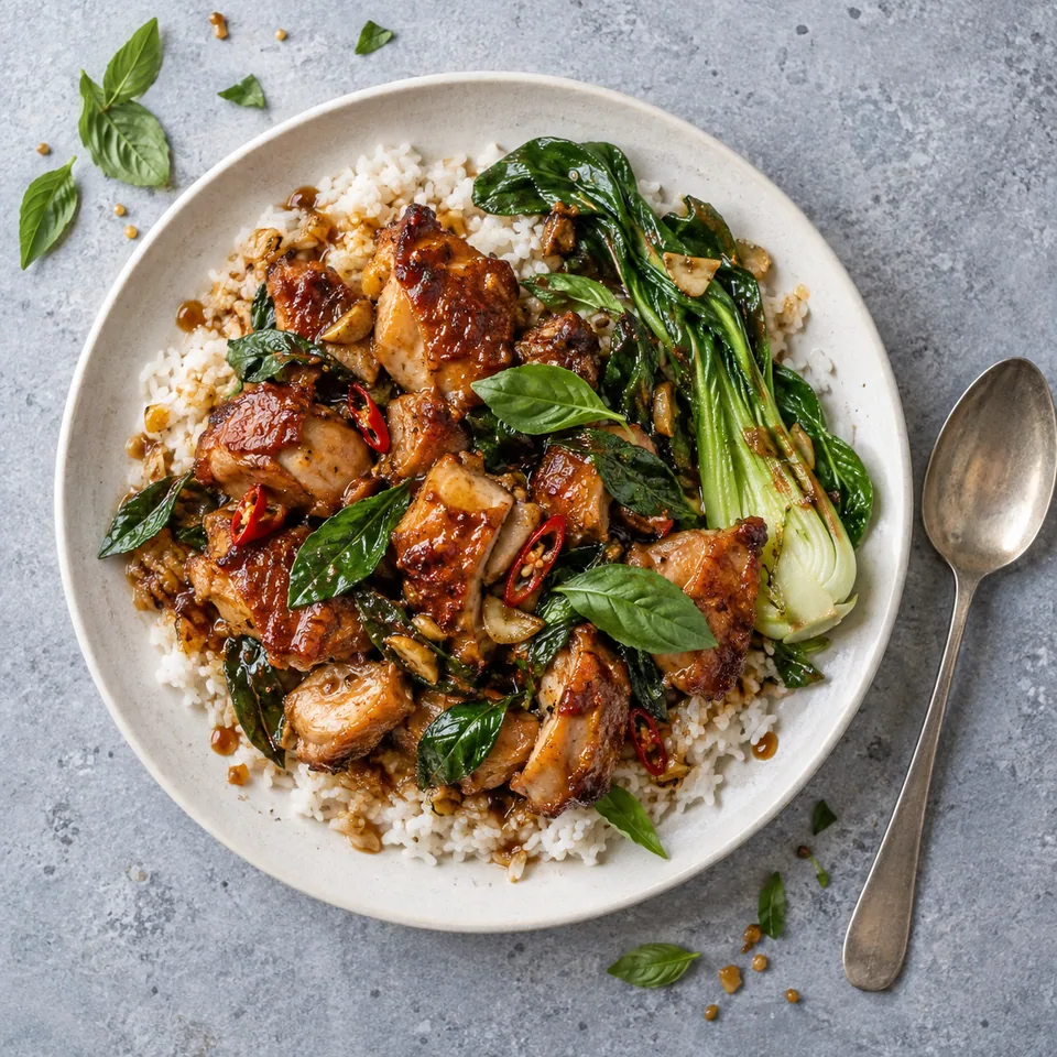 Poulet taïwanais aux trois tasses : poulet doré, riz blanc, pak choï vert et basilic, sauce brillante sur assiette blanche.