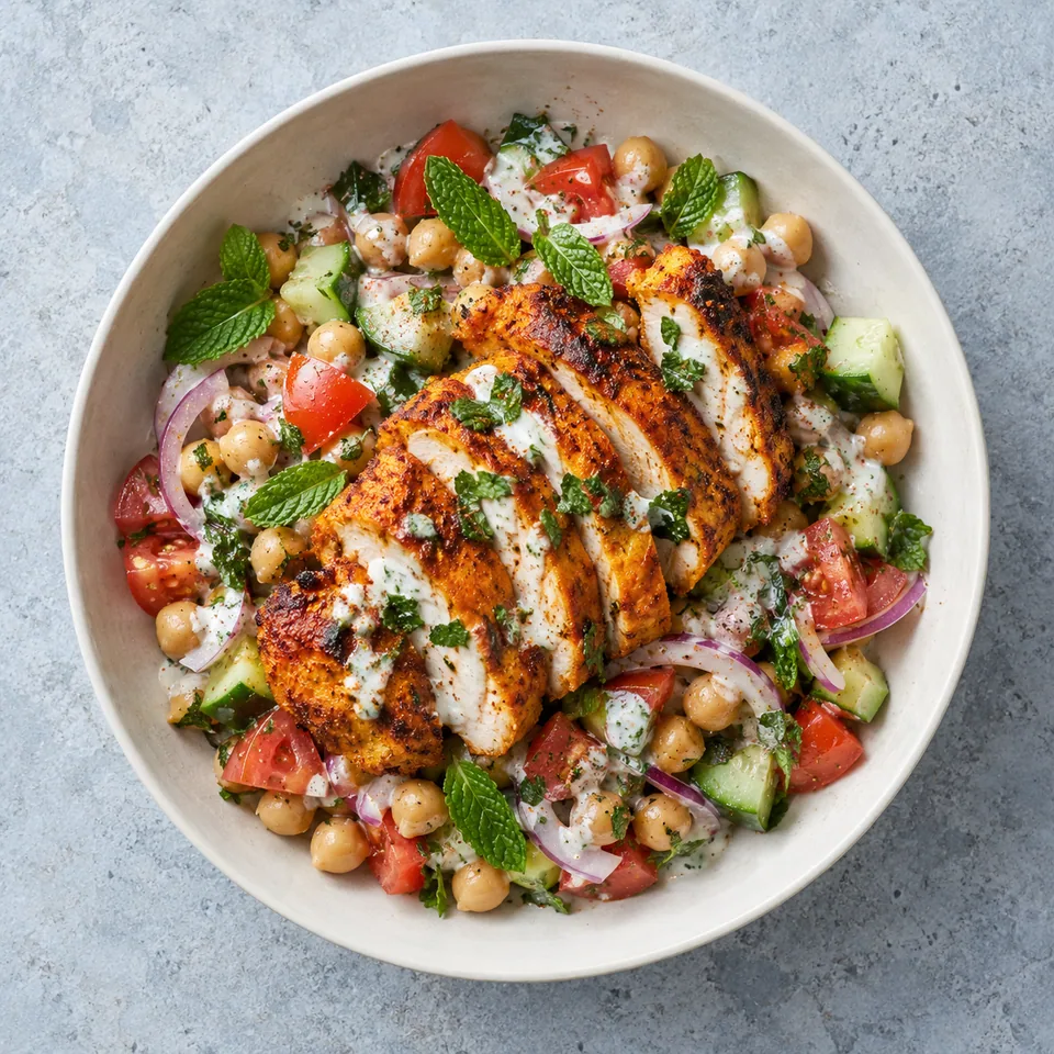 Bol de poulet tandoori aux lanières dorées sur salade de pois chiches, tomates, concombre et menthe fraîche.