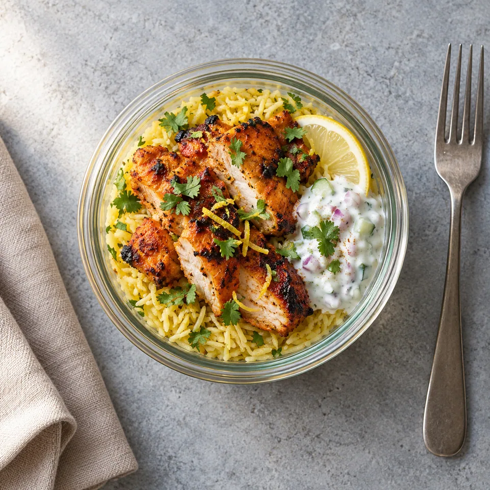 Poulet tandoori froid en verrine : morceaux grillés sur riz citronné jaune, vue de dessus.