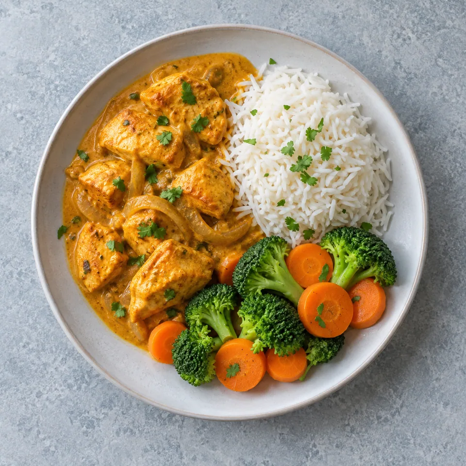 Poulet tikka, riz basmati et légumes : poulet jaune orangé, riz blanc, brocoli vert et carottes orange.