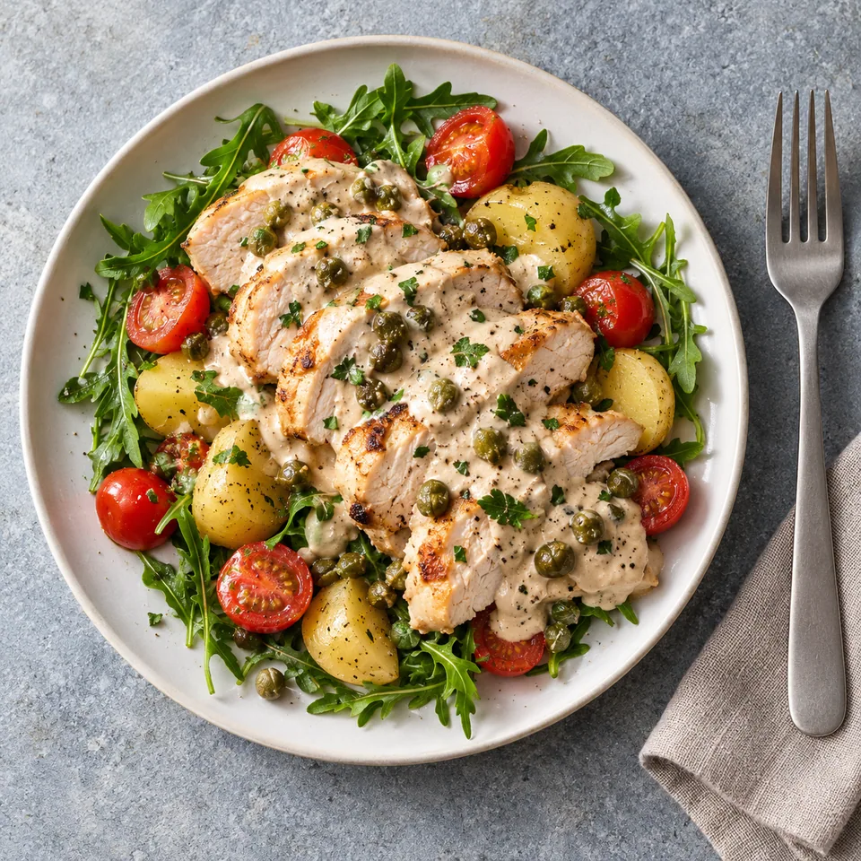 Assiette de poulet tonnato aux câpres : poulet tranché sur roquette, pommes de terre et tomates cerises, nappé de sauce crémeuse.