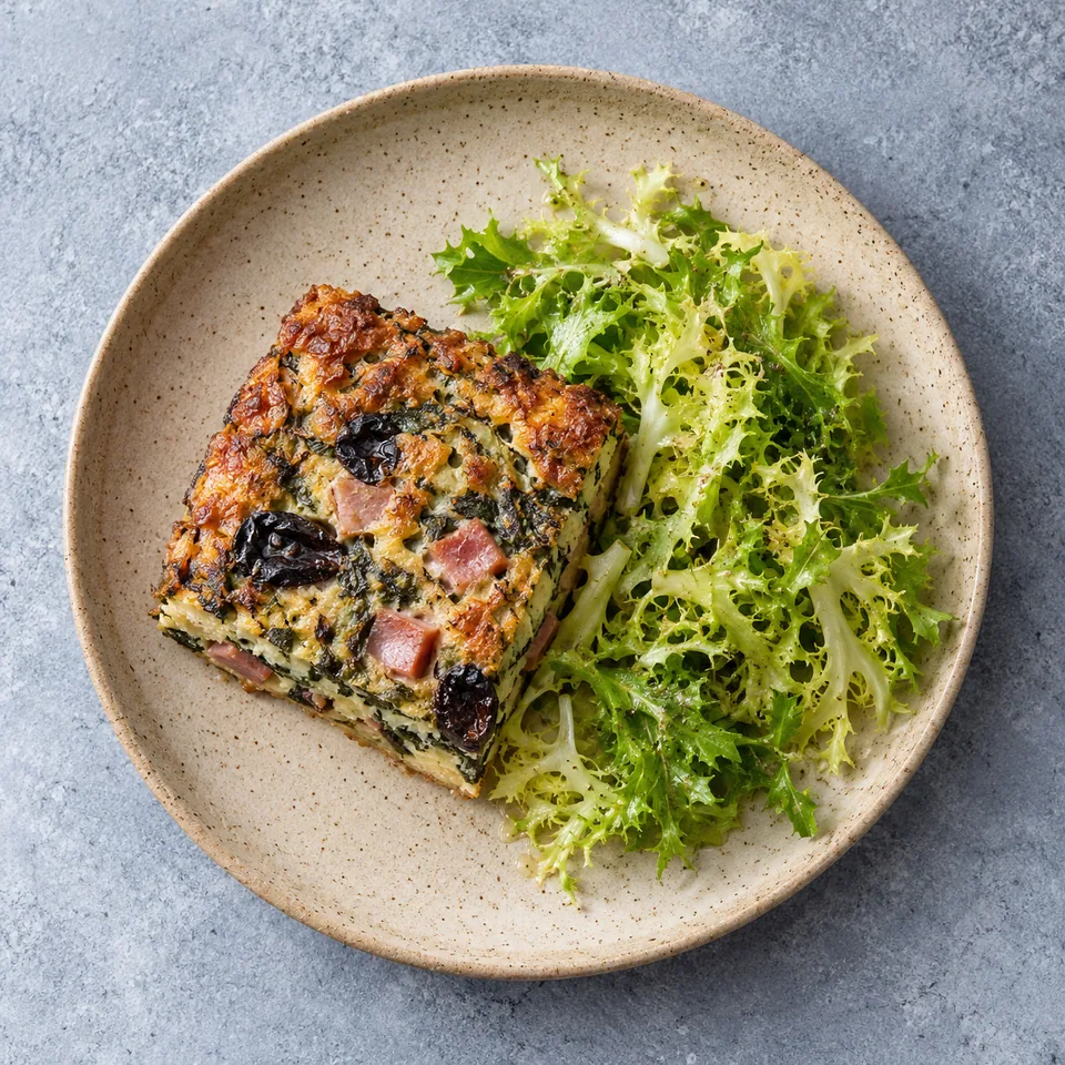 Pounti auvergnat aux blettes, jambon et pruneaux : portion dorée avec salade frisée vinaigrée sur assiette grès beige.