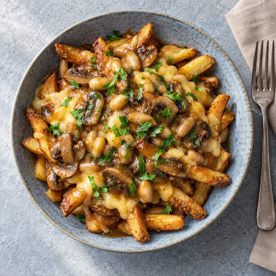Assiette creuse bleu-gris contenant des frites dorées, sauce brune aux haricots et champignons, cheddar fondu et persil.