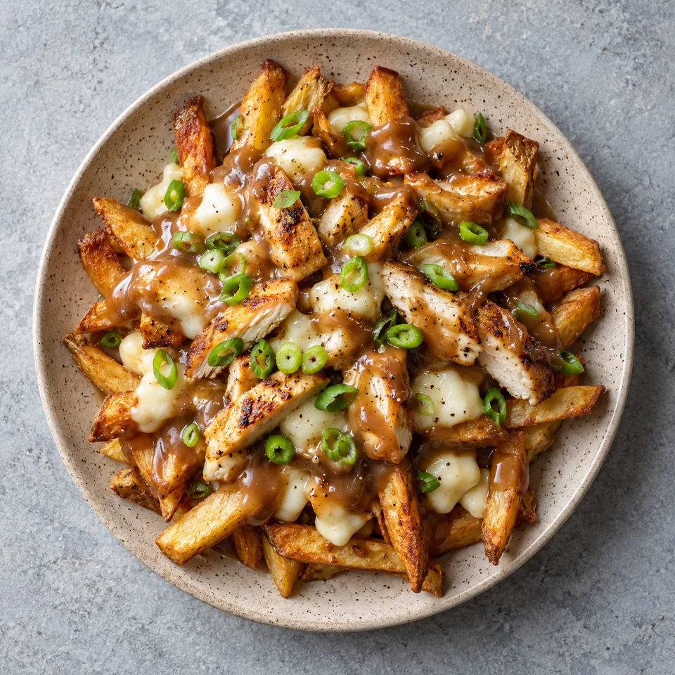 Poutine maison au poulet : frites dorées, poulet, sauce brune brillante et oignons verts sur assiette beige.