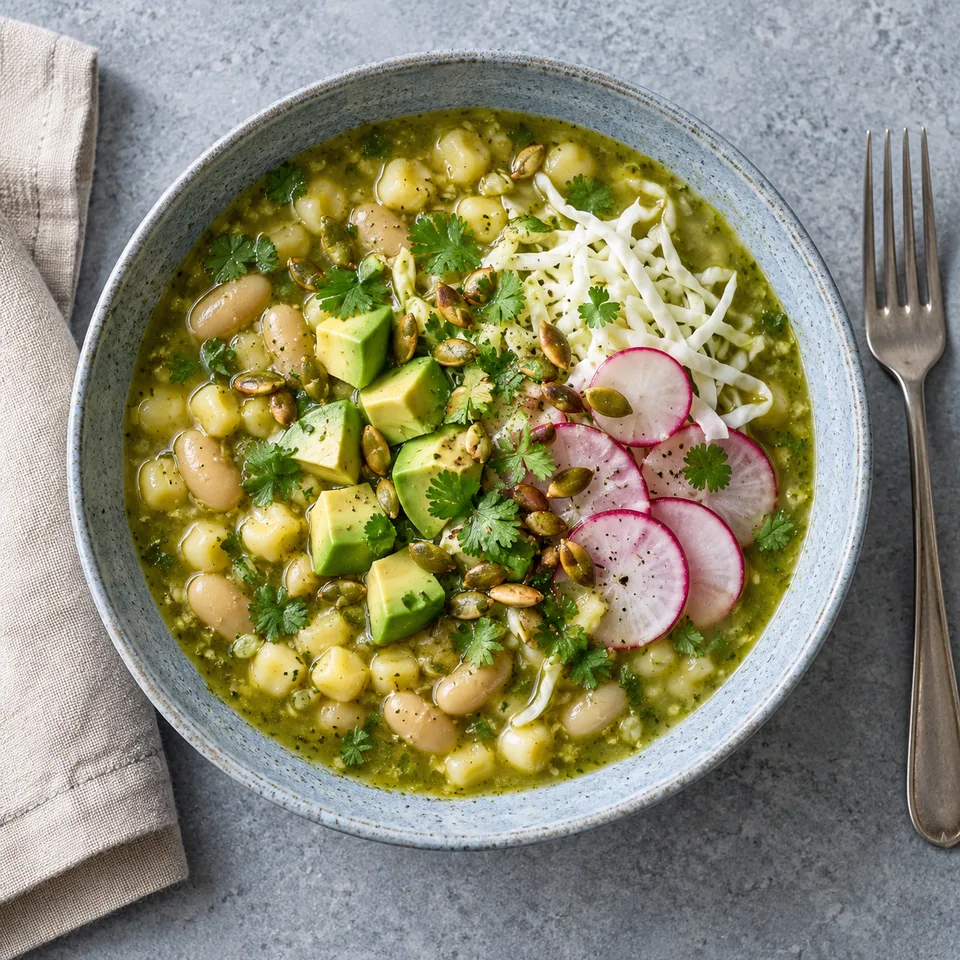 Pozole vert aux haricots blancs, maïs et radis dans une assiette creuse, garni d'avocat et de coriandre.