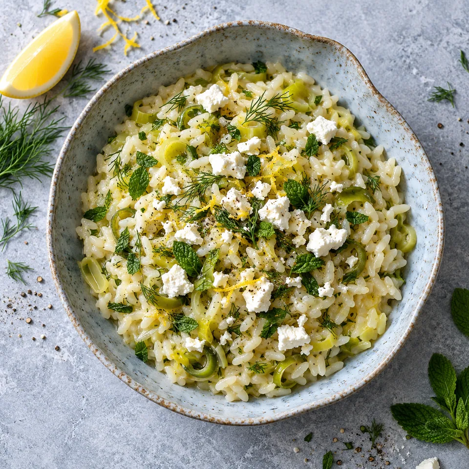 Bol de prasorizo grec au riz, poireaux, herbes fraîches et feta émiettée sur fond bleu-gris.