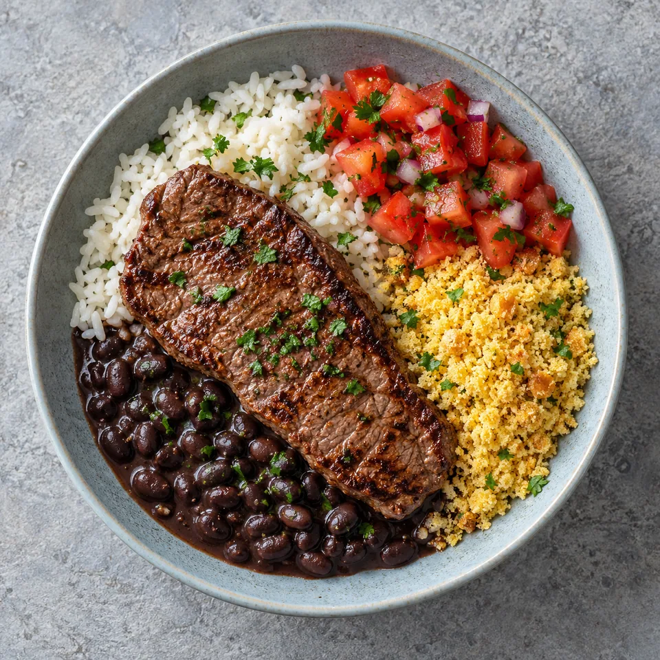 Assiette creuse de Prato feito au steak : riz, haricots noirs, steak grillé, farofa de maïs et salade de tomates.
