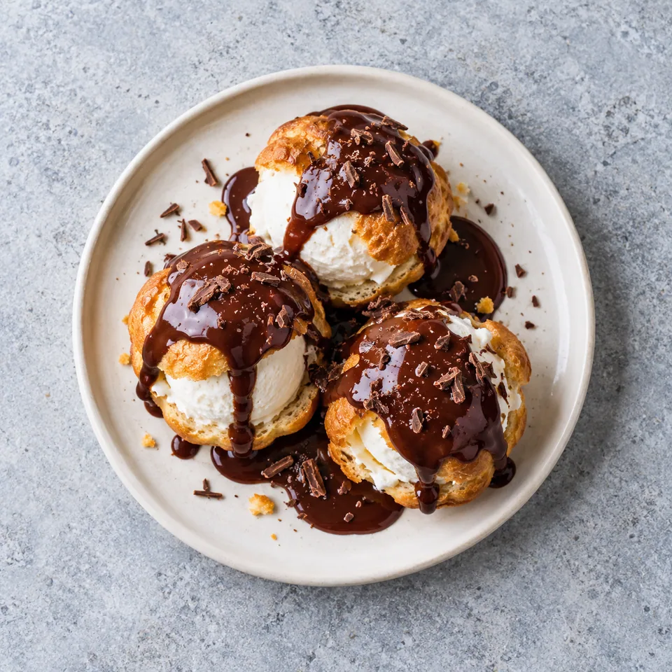Profiteroles au skyr glacé et sauce chocolat sur assiette blanche