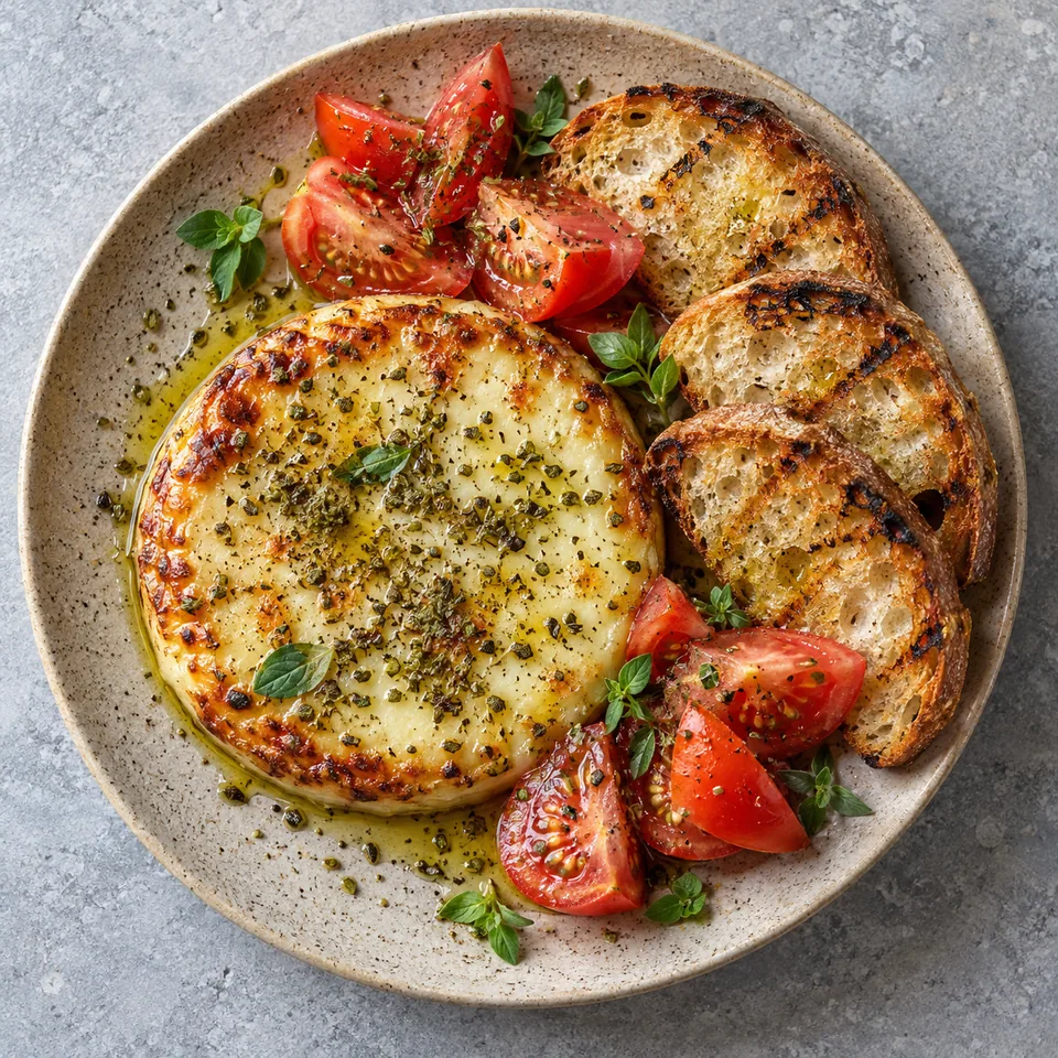 Assiette de provoleta grillée à l'origan avec pain toasté et quartiers de tomates fraîches sur fond beige moucheté.