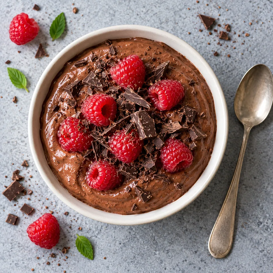 Pudding chocolat au cottage cheese mixé, framboises : crème brune lisse dans un bol blanc, parsemée de framboises rouges et copeaux de chocolat noir.