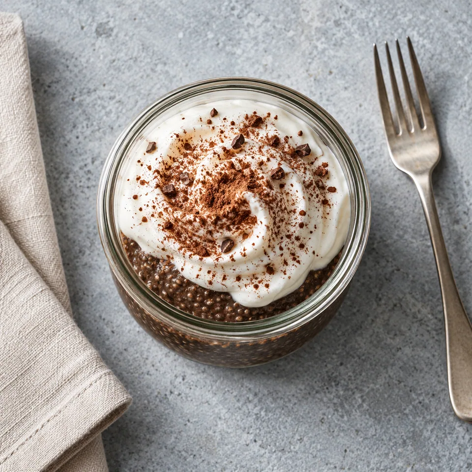 Pudding de chia café-vanille et skyr fouetté dans un bocal en verre, garni de cacao.