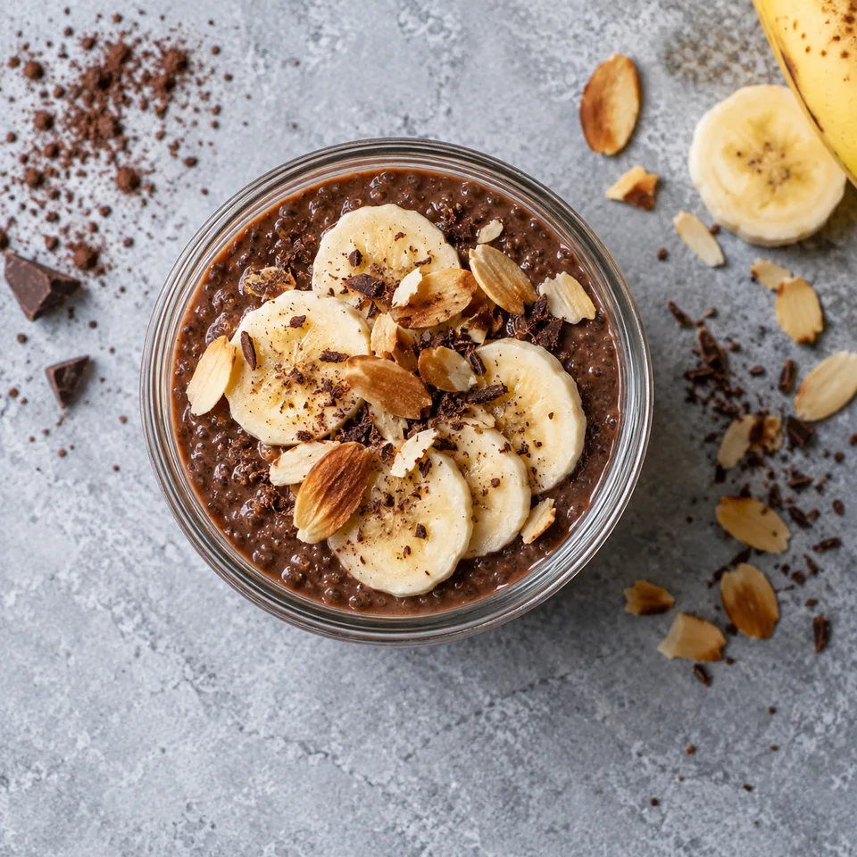 Pudding de chia chocolat-banane dans une verrine : pudding brun, rondelles de banane et amandes effilées dorées.