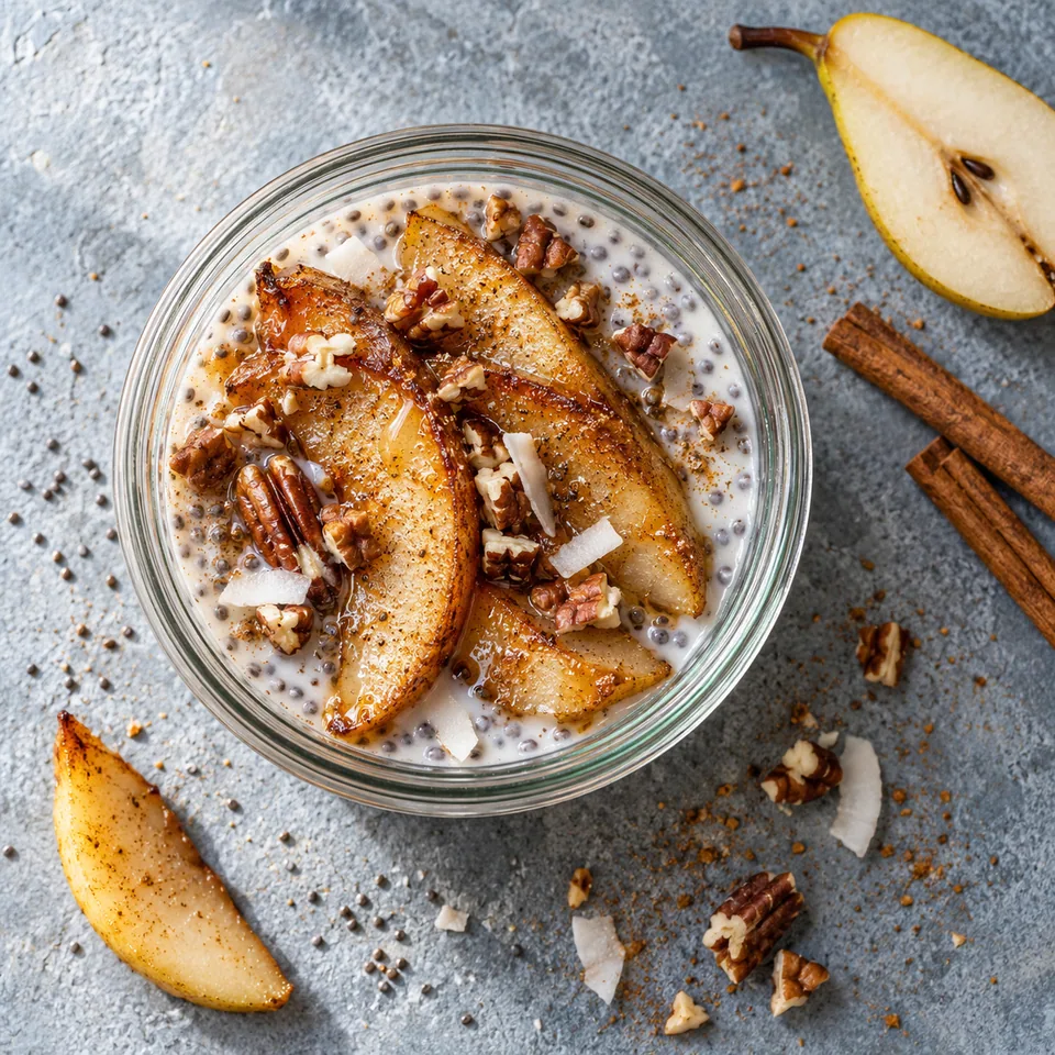 Pudding de chia coco, poires rôties et cannelle : pudding crémeux dans un bocal, garni de poires dorées et noix de pécan.