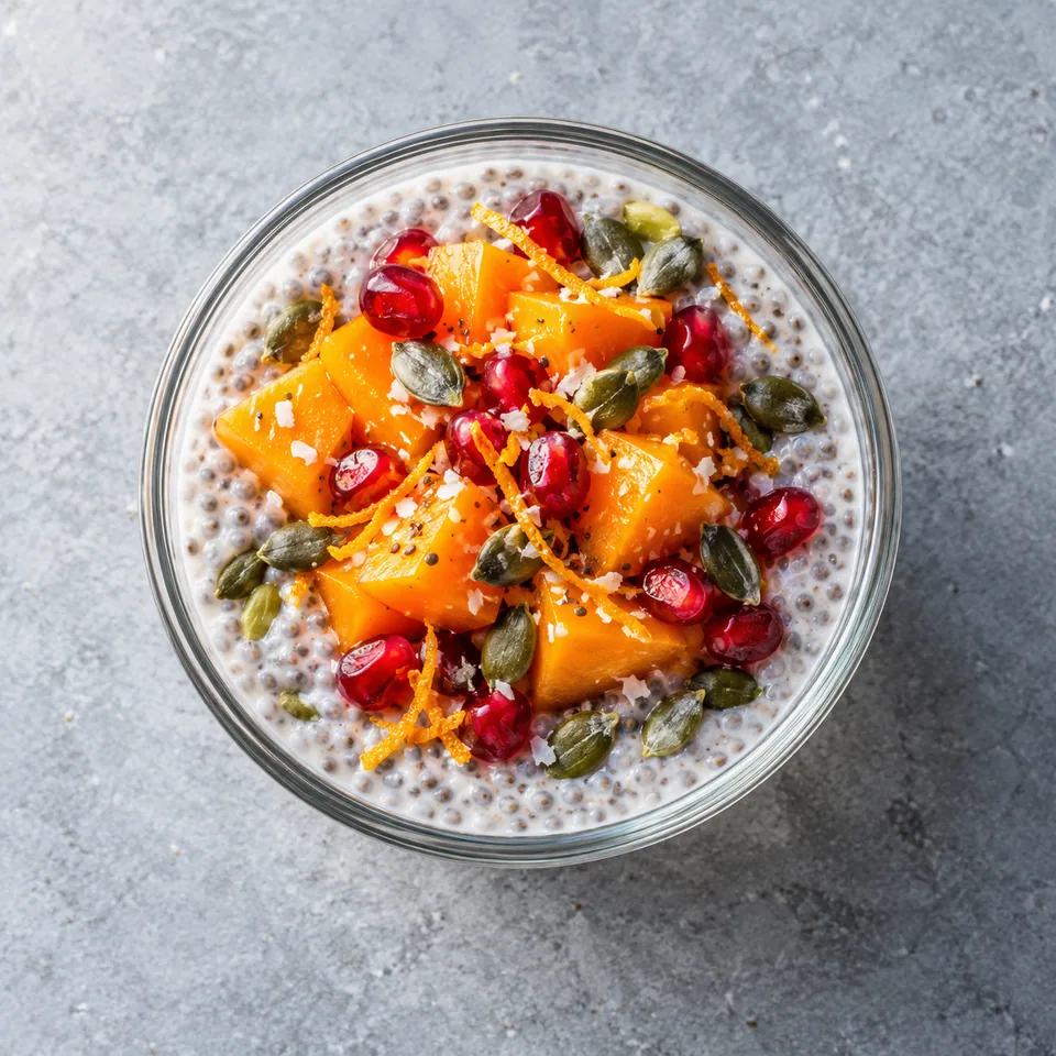 Pudding de chia coco-soja, kaki et grenade dans une verrine, garni de fruits frais et graines.