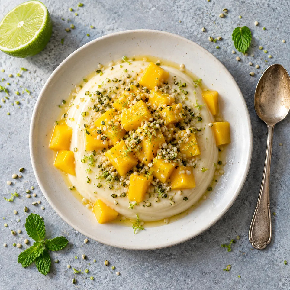 Pudding mangue, tofu soyeux et citron vert : crème blanche, dés de mangue jaune et graines de chanvre dans une assiette blanche.