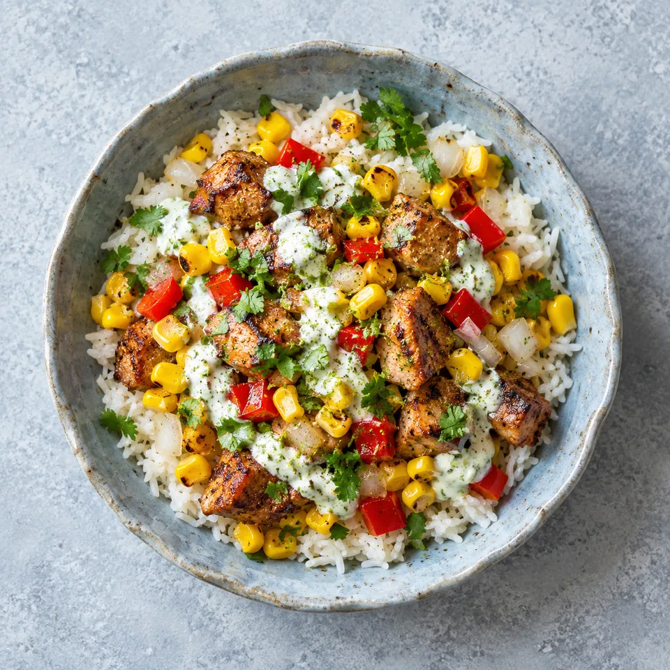Bol de porc au maïs et riz : riz blanc, porc doré, maïs jaune, poivron rouge et coriandre verte nappés de sauce yaourt citron.