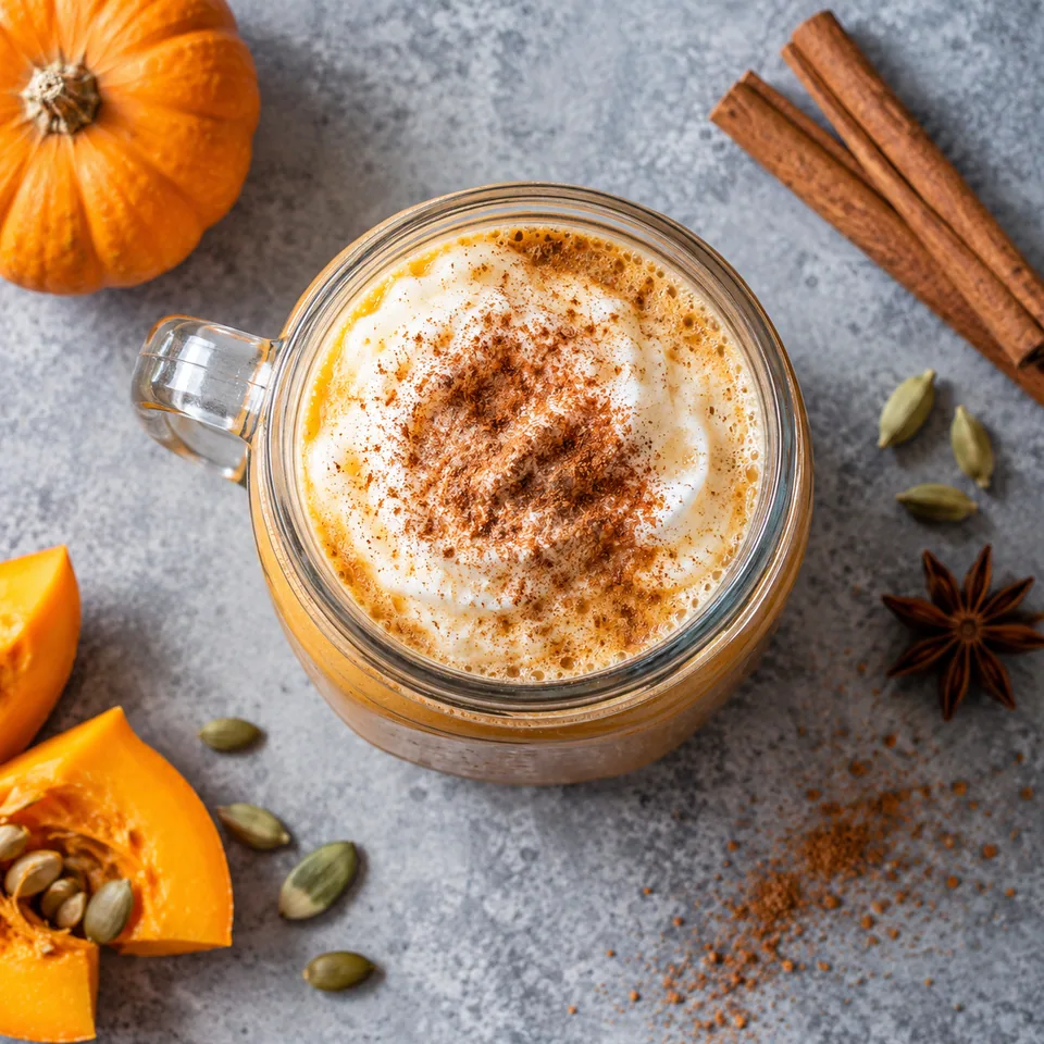 Portion de pumpkin spice latte dans un bocal en verre, mousse dorée et cannelle.